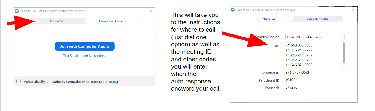 Zoom windows for joining audio by phone with arrows showing the phone call tab and then also the phone number to dial