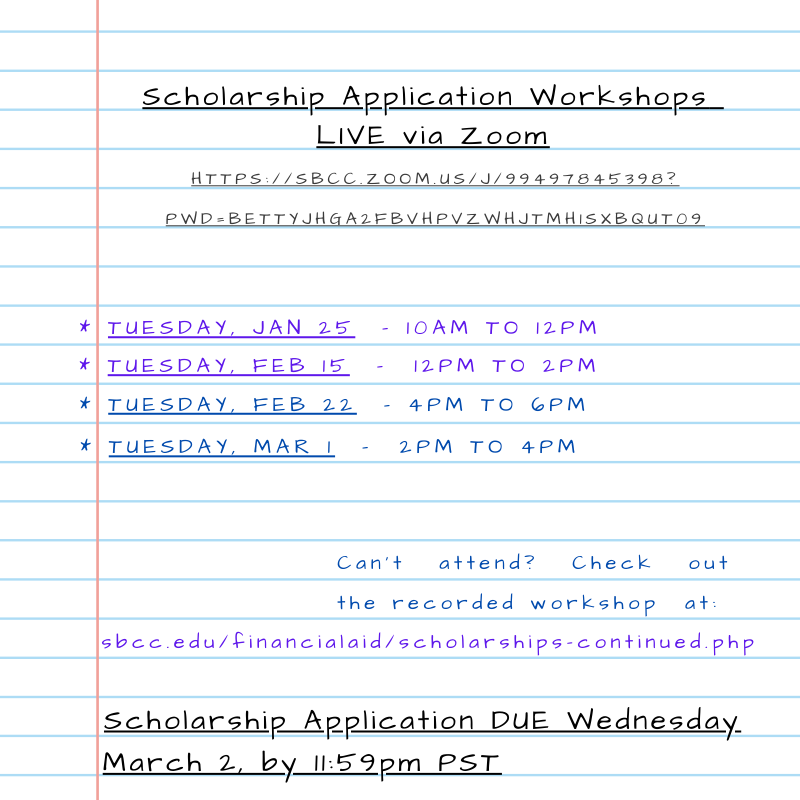 2022-2023 Live Scholarship Workshop Dates and Times