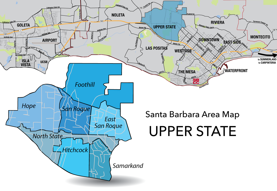 Santa Barbara County Area Map with the Upper State area highlighted