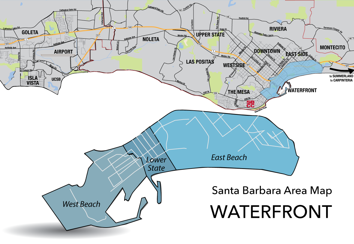 Santa Barbara County Area Map with the waterfront Area highlighted