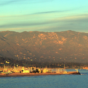 Santa Barbara Waterfront photo with harbor and mountains in the background