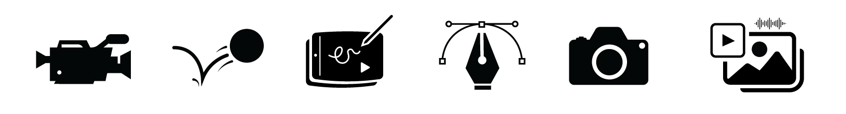 A set of icons detailing things involved in Digital Content Creation: a video camera, bouncing ball, pen tablet, pen, camera, and video/photo iconography